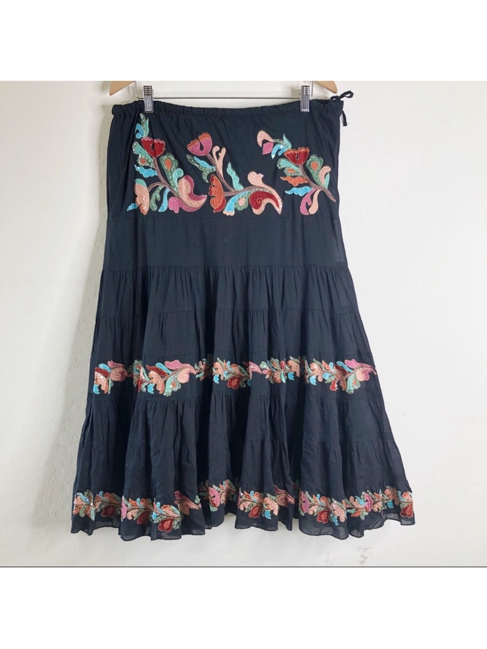 Chaudry Kc Black Tiered Embroidered Sequin Bohemian Skirt Hippie Made In India
